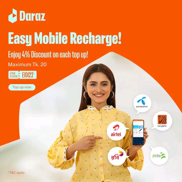 Daraz থেকে যেকোনো সিমে যেকোনো পরিমাণ Mobile Recharge করে নিয়ে নিন 4% Discount .!