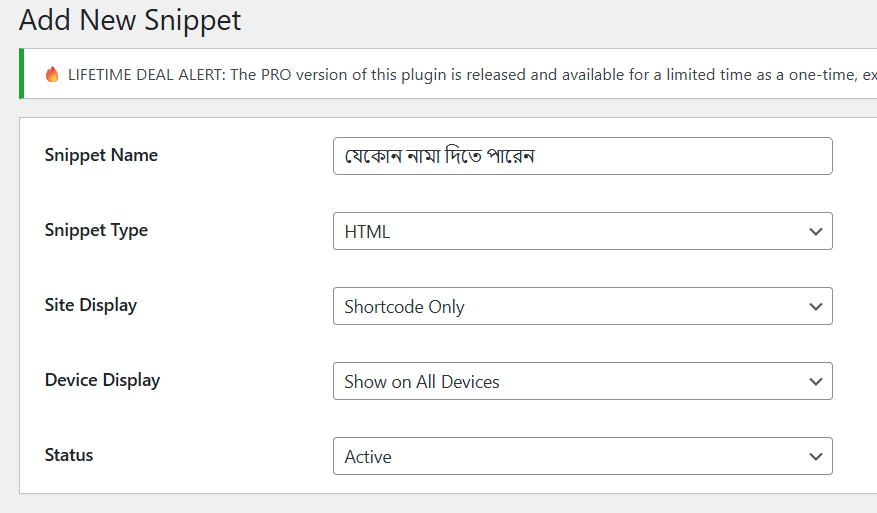 add new snippet settings