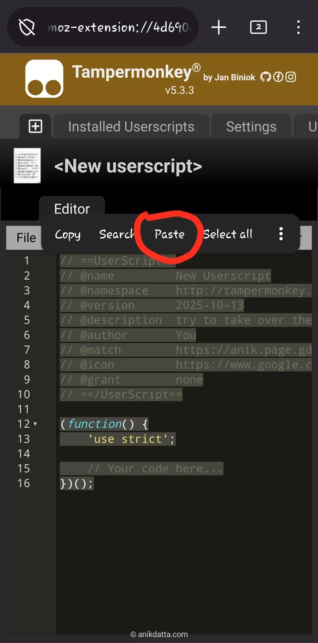Paste script on mobile editor