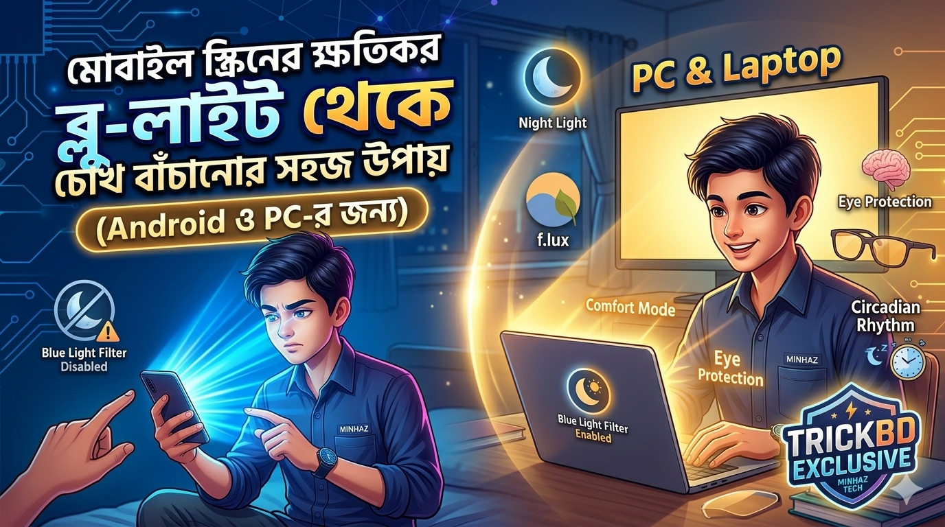 মোবাইল স্ক্রিনের ক্ষতিকর ব্লু-লাইট থেকে চোখ বাঁচানোর সহজ উপায় (Android ও PC-র জন্য)