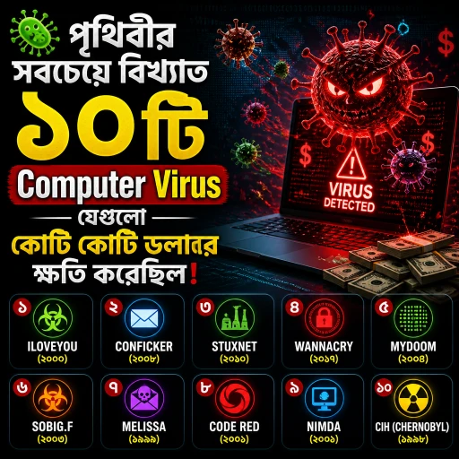 🦠 পৃথিবীর সবচেয়ে বিখ্যাত ১০টি Computer Virus যেগুলো কোটি কোটি ডলারের ক্ষতি করেছিল!