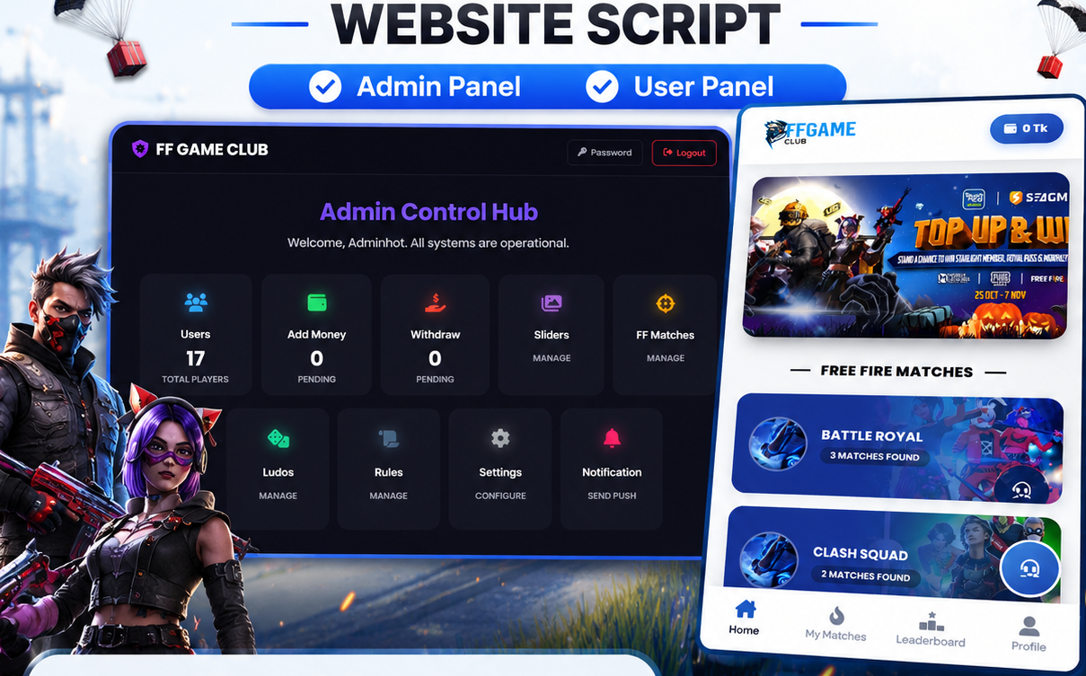 ফ্রিতে তৈরি করুন Professional Tournament Website – Admin Panel, User Panel, Add Money, Withdraw সহ সম্পূর্ণ PHP Script