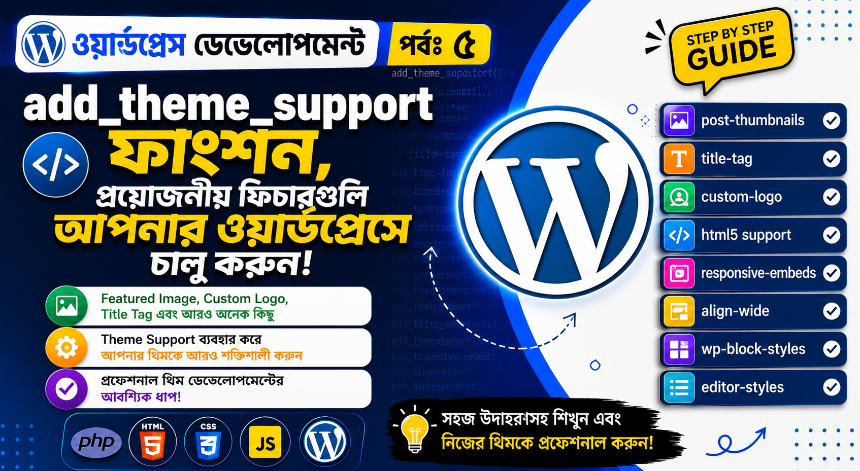 ওয়ার্ডপ্রেস ডেভেলোপমেন্ট | পর্বঃ ৫ | add_theme_support ফাংশন, প্রযোজনীয় ফিচারগুলি আপনার ওয়ার্ডপ্রেসে চালু করুন!