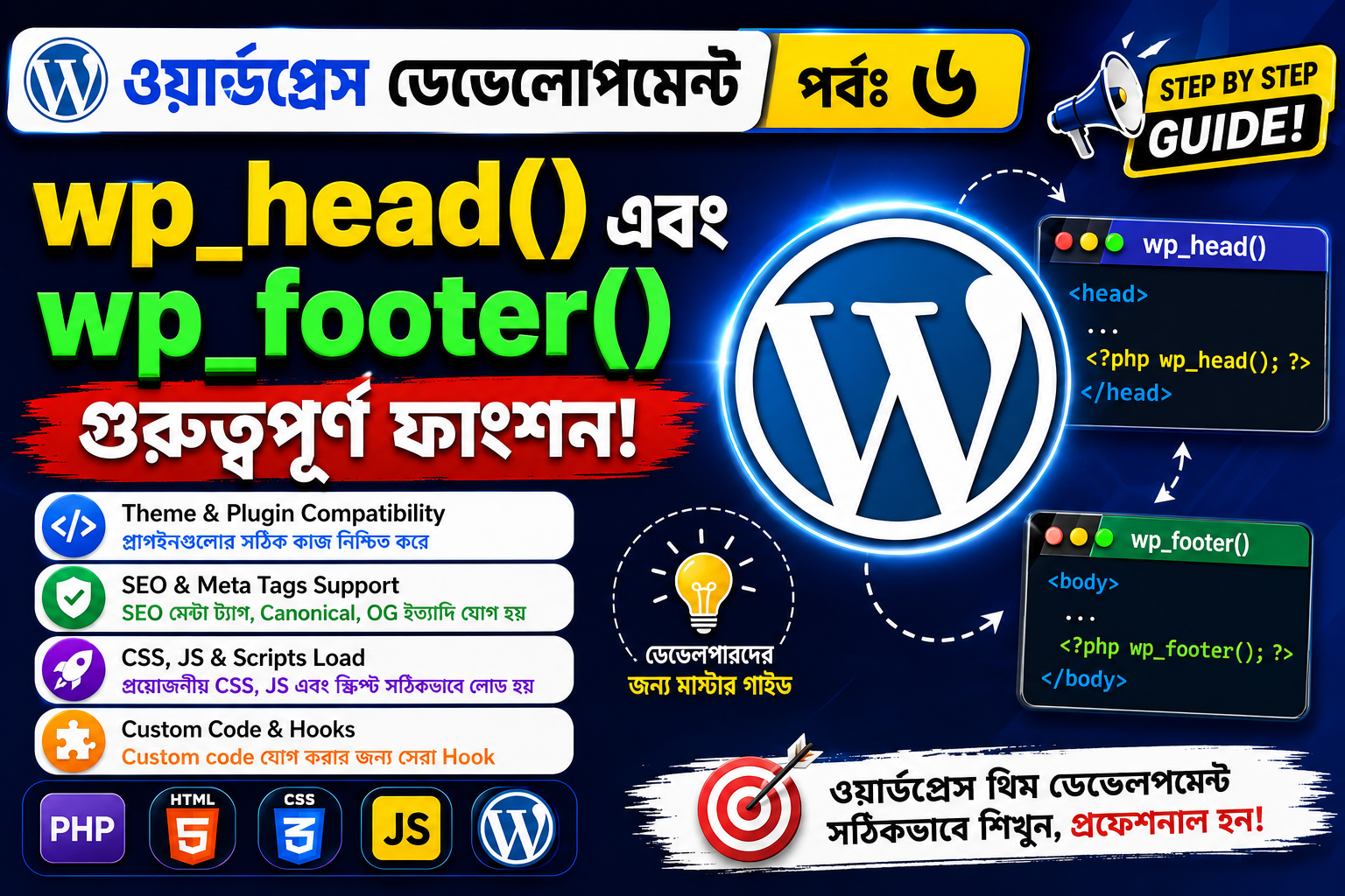 ওয়ার্ডপ্রেস ডেভেলোপমেন্ট | পর্বঃ ৬ | wp_head এবং wp_footer গূরুত্বপুর্ন ফাংশ্নের ব্যাবহার!