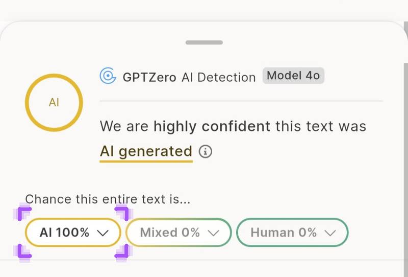GPTZero রেজাল্ট: 100% AI ধরা পড়েছে