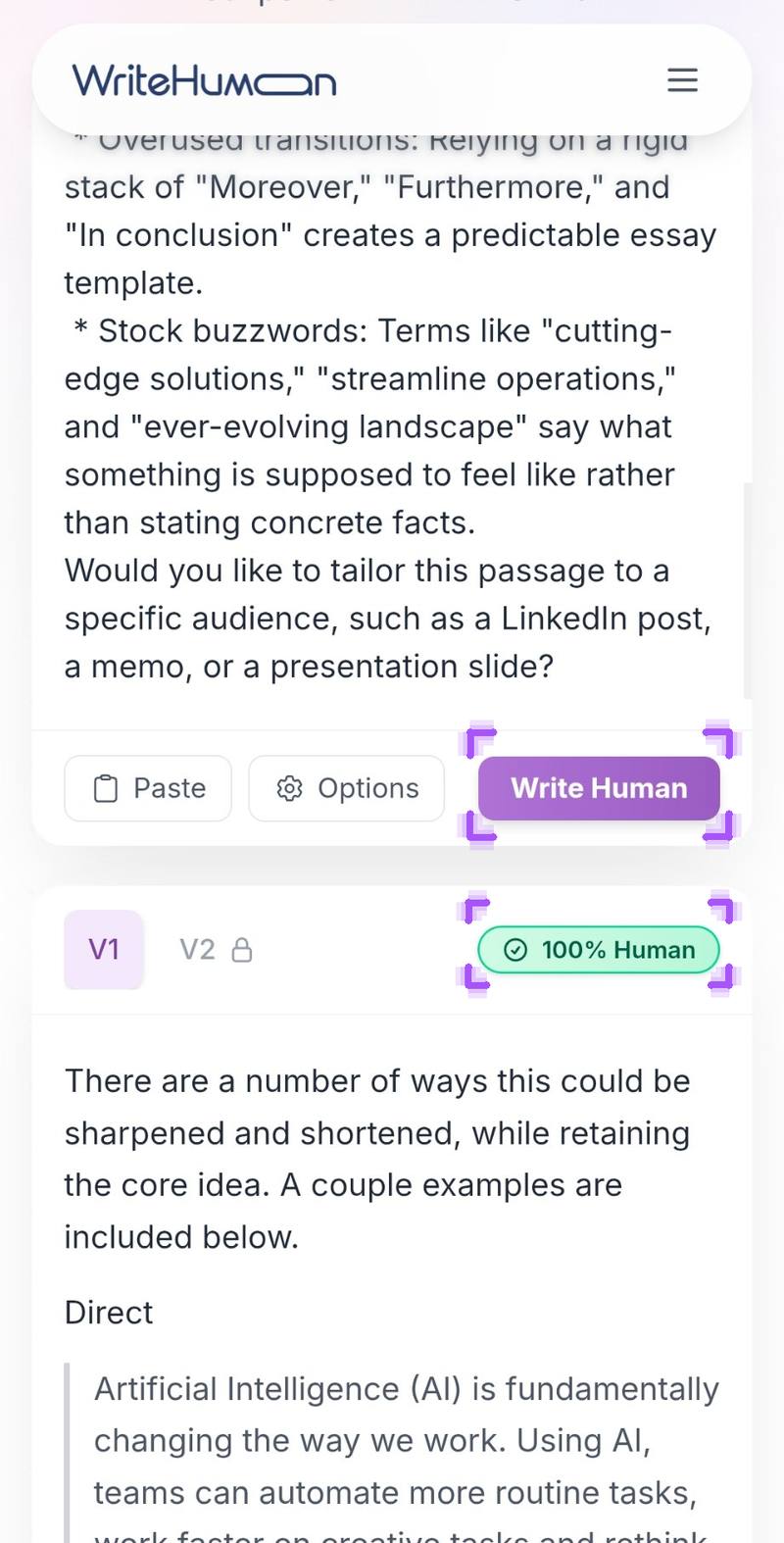 Write Human বাটনে ক্লিক করে Humanize