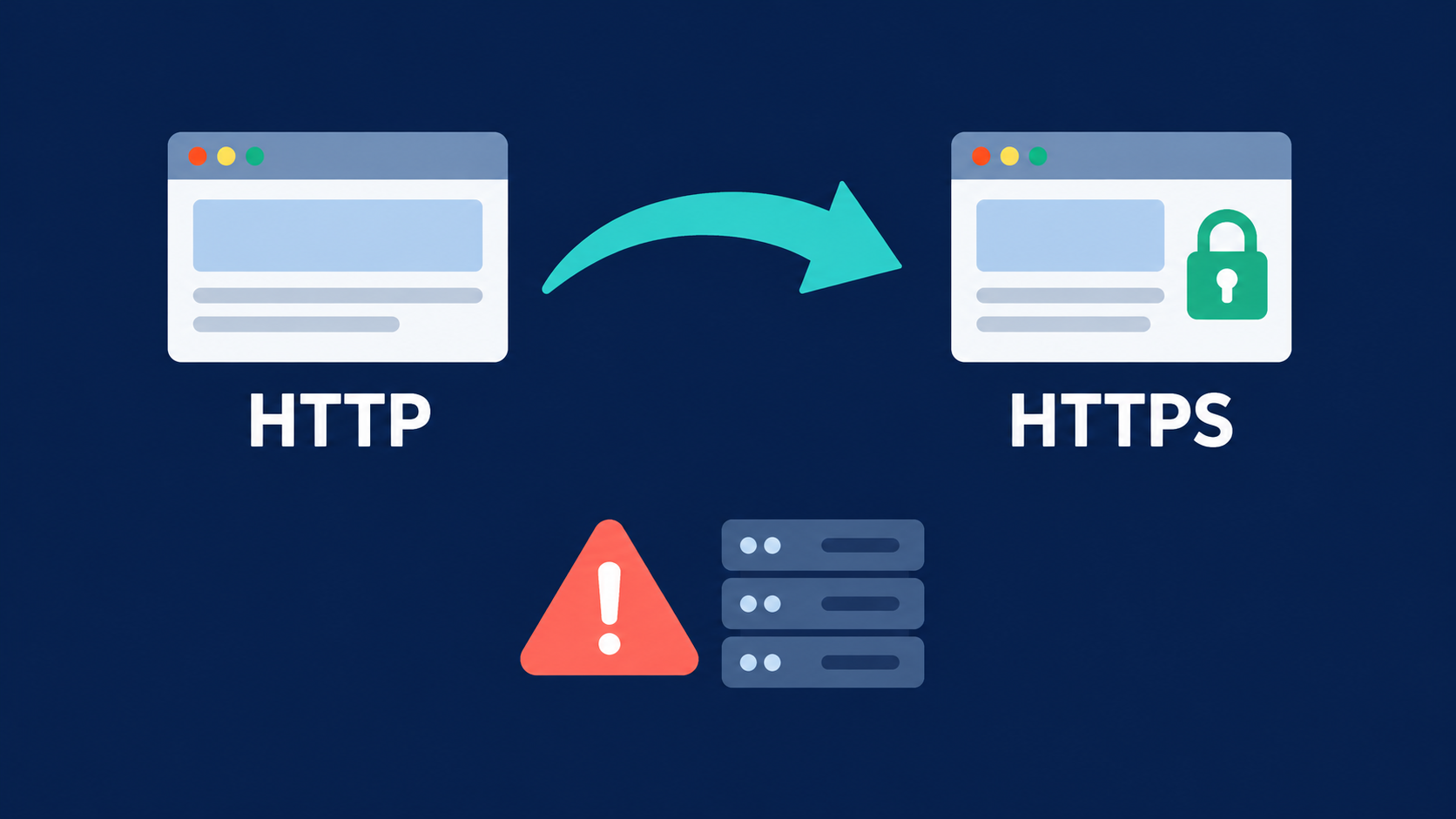 HTTP থেকে HTTPS-এ যাওয়ার চেষ্টা এবং HTTPS না থাকলে সতর্কবার্তার ধারণামূলক ছবি