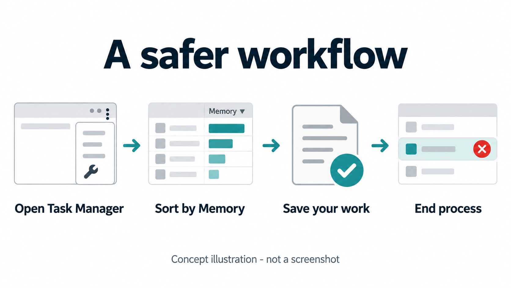 Task Manager খোলা, Memory অনুযায়ী সাজানো, কাজ সেভ করা এবং নির্বাচিত কাজ বন্ধ করার ধারণামূলক ধাপ