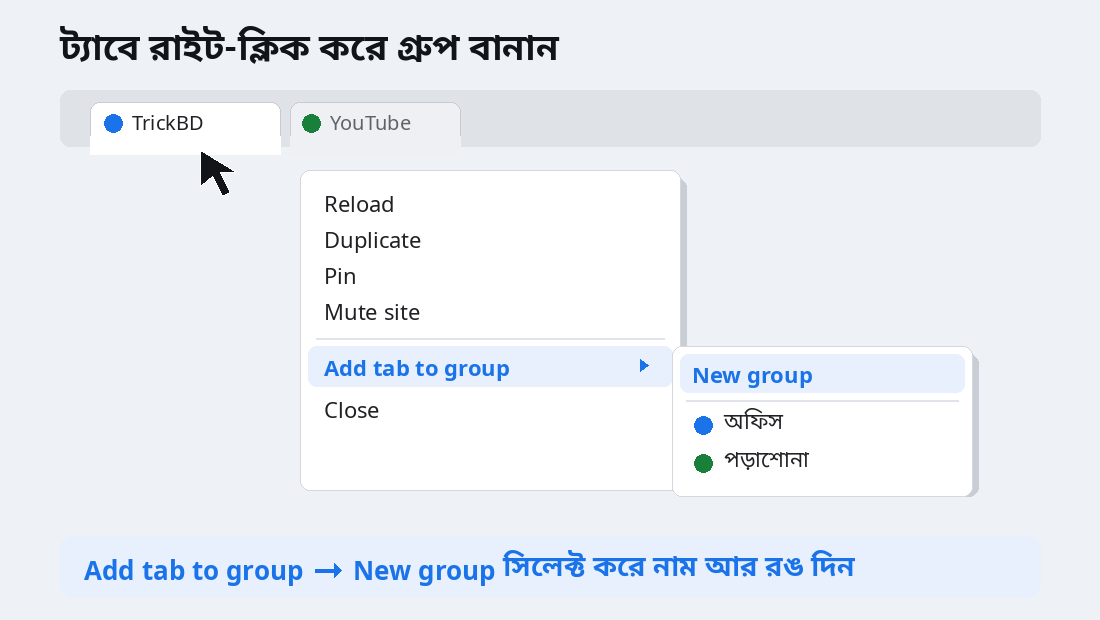 Chrome ট্যাবে রাইট-ক্লিক মেনুতে Add tab to group ও New group অপশন