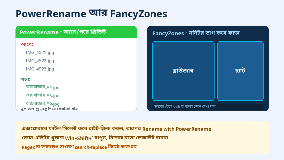 PowerRename-এর আগে/পরে প্রিভিউ আর FancyZones-এর জোন লেআউট