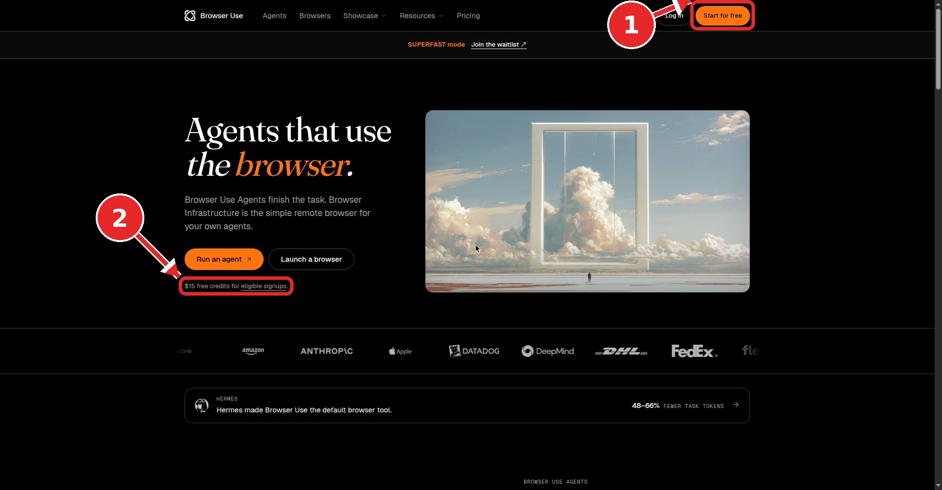 browser-use.com হোমপেজ (১. Start for free বাটন, ২. $15 ফ্রি ক্রেডিট নোটিশ)